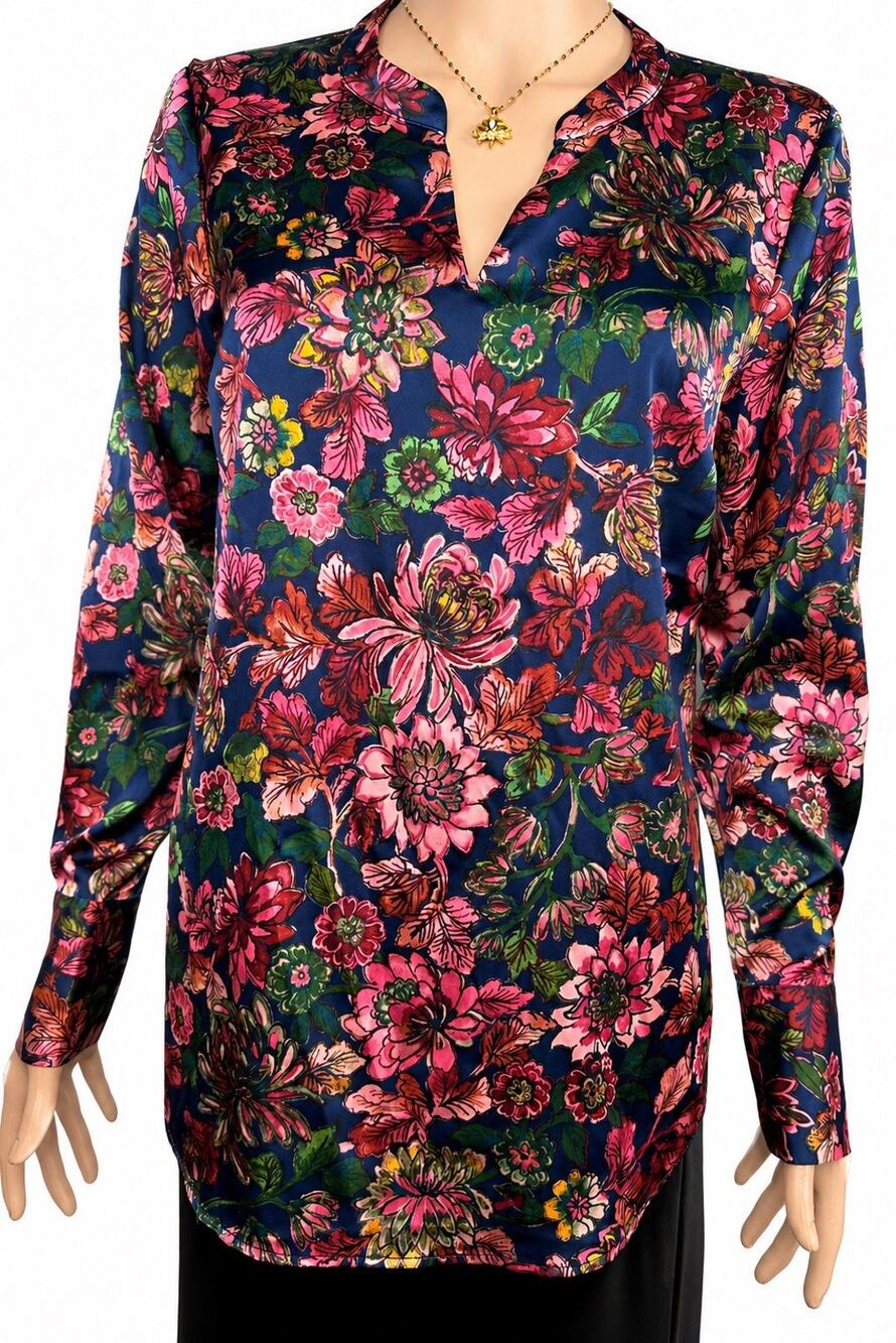 Talbots Satin Charmeuse Blouse SMALL Blue Pink Floral top Long Sleeve Split Neck